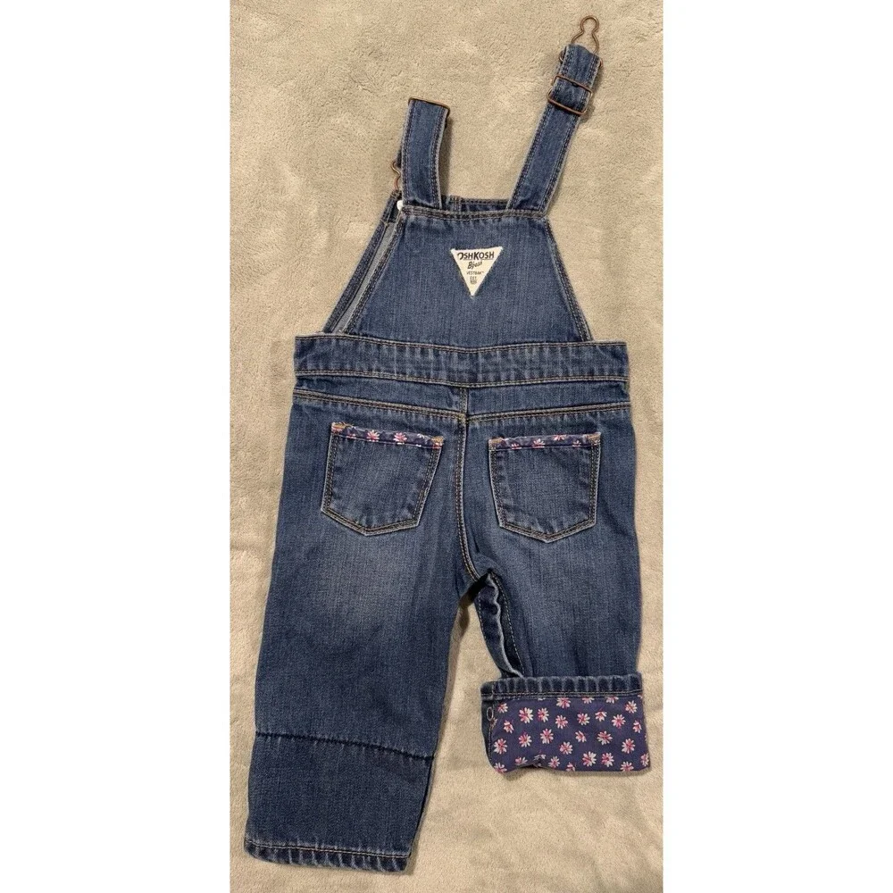 Vintage Y2K OshKosh B'gosh Vestbak Baby Girls 9M Blue Denim Overalls Floral Trim